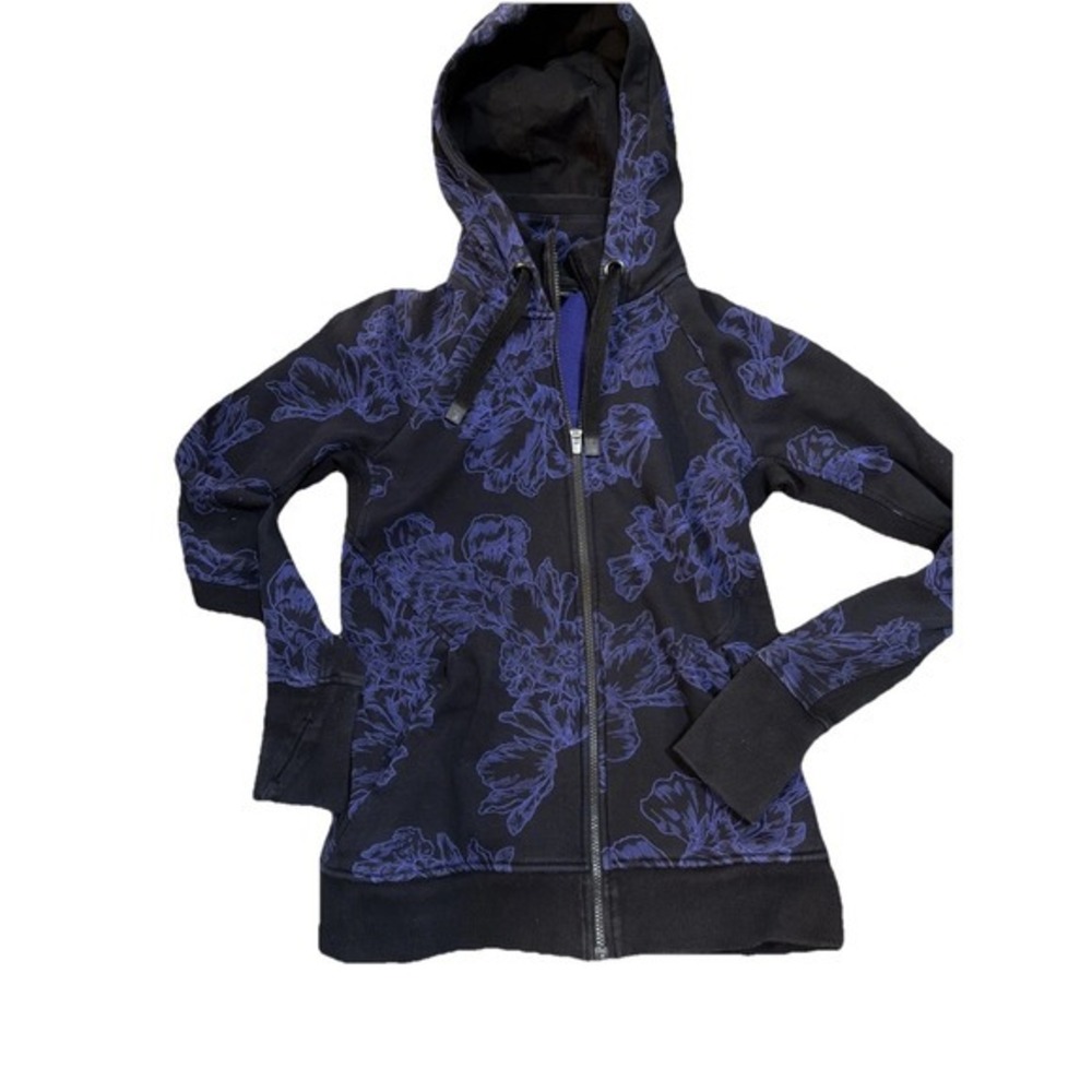 Athleta Black Purple Zip Up Women's Warm Floral Hooded Jacket Tall  Medium. 4018